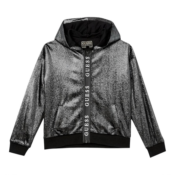 GUESS Girls Shiny Velour Logo Zip Front Hooded Bomber Y2K Pockets Long Sleeve - Picture 1 of 3